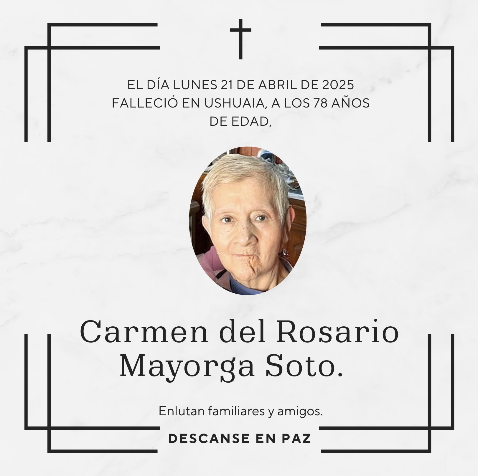 Fallecimiento | Carmen del Rosario Mayorga Soto.